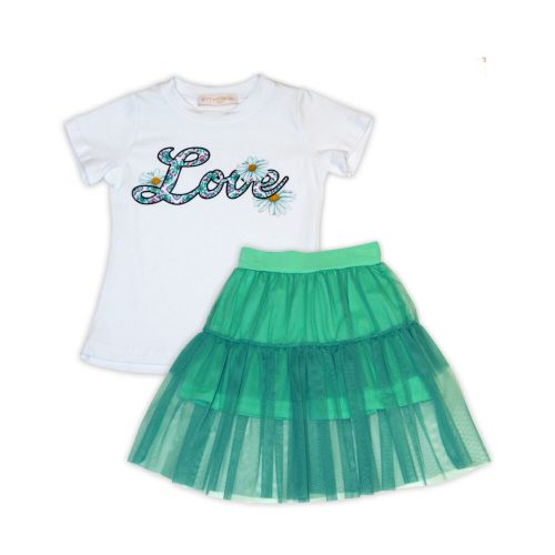 Baumwoll-T-Shirt mit Blumendruck – mintgrünes Tüllrock-Set für Mädchen – 116