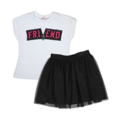 Szöveg mintás pamut póló - vagány fekete tüll szoknyával kislányoknak - fehér-fekete - 104