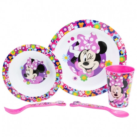Minnie Mouse 5 -Stück Mikrosable Geschirr (flache Platte | Tiefplatte | Gabel | Löffel | Glas)