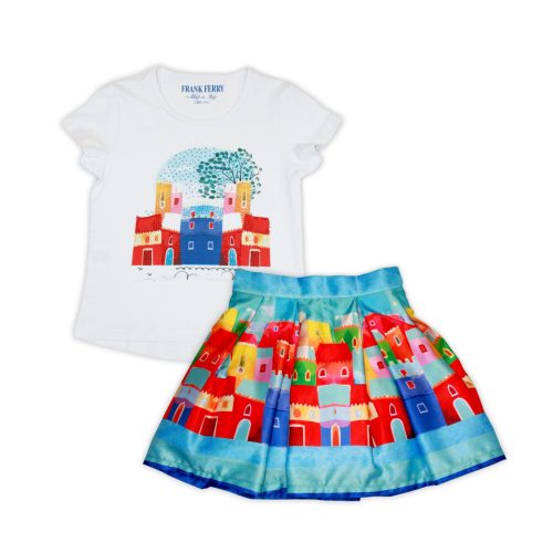 T-Shirt-Rock-Set aus Baumwolle mit Cottage-Muster für kleine Mädchen – weiß gemustert – 110