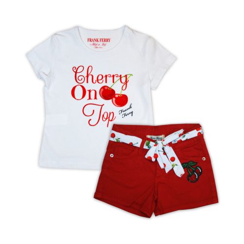 T-Shirt-Hosen-Set aus Baumwolle mit Kirschmuster für kleine Mädchen – weiß-rot – 110
