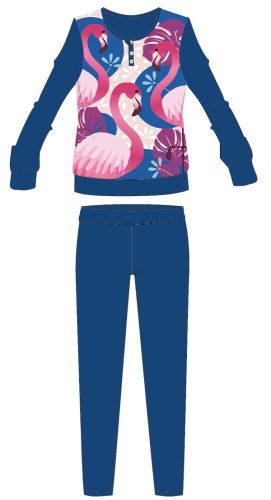 Flamingó téli pamut gyerek pizsama - interlock pizsama - levél mintával - sötétkék - 104