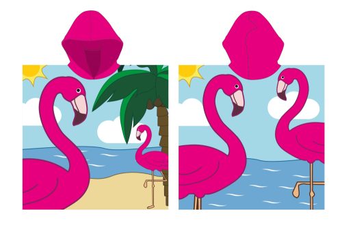 Flamingó gyerek poncsó - pink kapucnival - 55x110