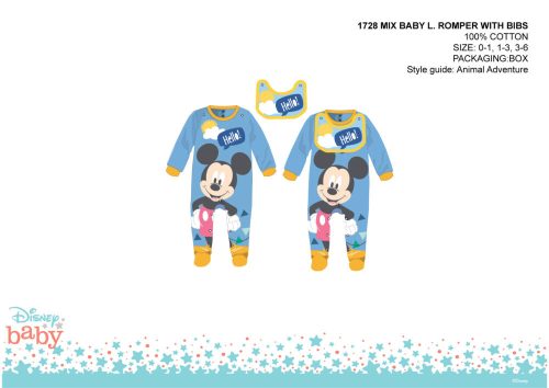 Disney Mickey egér baba rugdalózó előkével - világoskék - 0-1 hónapos babának