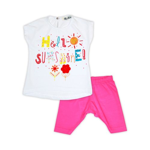 Nyári mintájú pamut póló-nadrág szett kisbabáknak - fehér-pink - 80