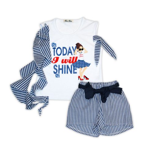 Set aus Hose und T-Shirt für Mädchen aus Baumwolle mit Karomuster und Rüschen – weiß-blau – 116