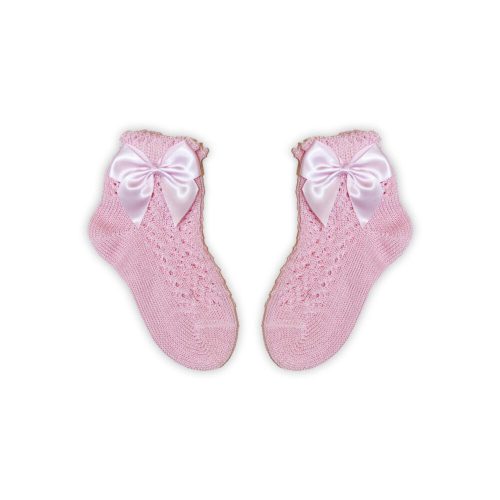 100% cotton baby girl baby ankle socks with crochet upper part - with bow decoration - pink - 20-21