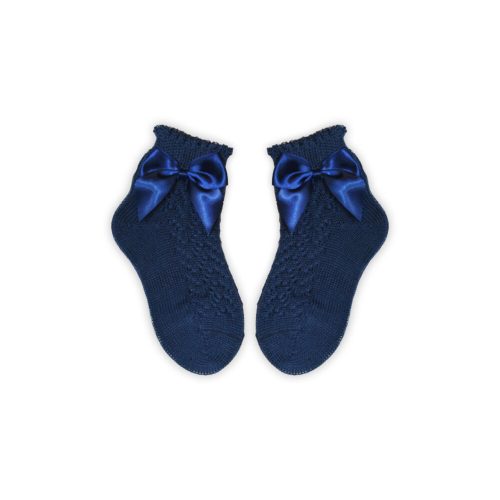100% cotton baby girl baby ankle socks with crochet upper part - with bow decoration - dark blue - 13-14