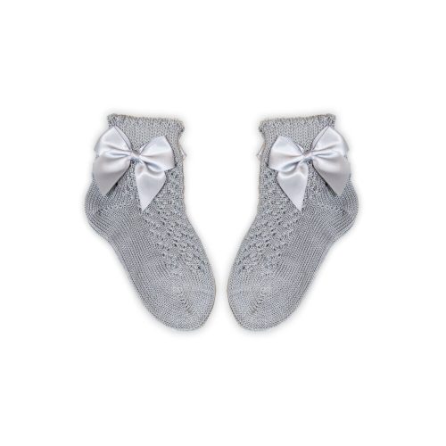 100% cotton baby girl baby ankle socks with crochet upper part - with bow decoration - gray - 16-17
