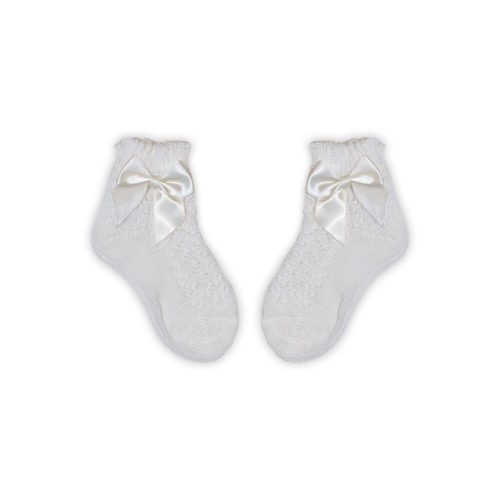 100% cotton baby girl baby ankle socks with crochet upper part - bow decoration - vanilla - 14-15