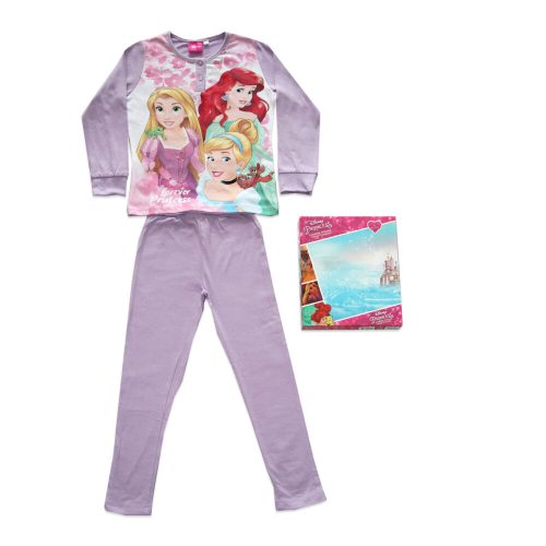 Hosszú vékony pamut gyerek pizsama - Hercegnők - Aranyhaj, Ariel, Csipkerózsika mintával - Jersey  - világoslila - 110