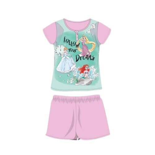 Nyári rövid ujjú gyerek pamut pizsama - Disney Hercegnők - Follow your dreams felirattal - világosrózsaszín - 104