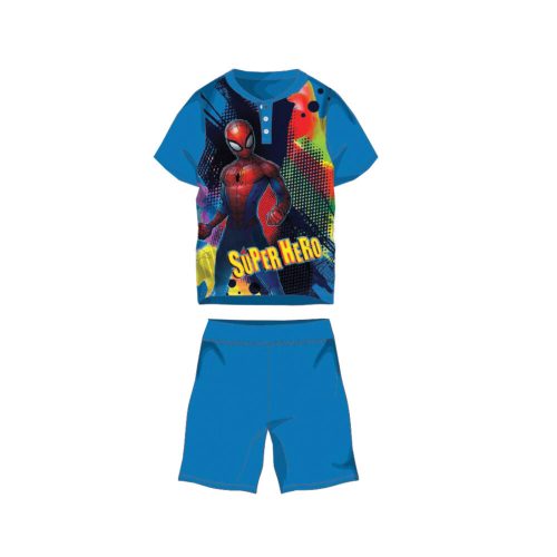 Nyári rövid ujjú gyerek pamut pizsama - Pókember - Super Hero felirattal - középkék - 104