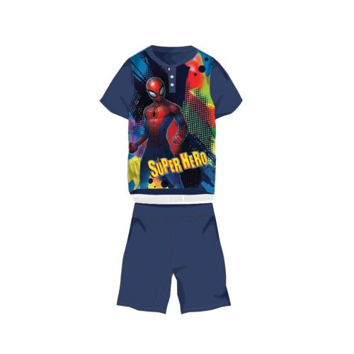 Nyári rövid ujjú gyerek pamut pizsama - Pókember - Super Hero felirattal - sötétkék - 116