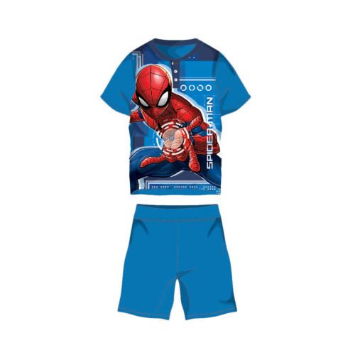 Nyári rövid ujjú gyerek pamut pizsama - Pókember - Spiderman felirattal - középkék - 104