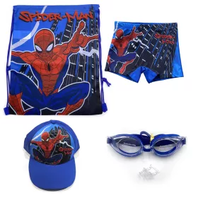   Set da spiaggia 4 pezzi Spiderman web swing (borsa da palestra+berretto da baseball+costume da bagno+occhialini da nuoto)