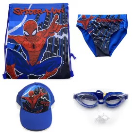   Set da spiaggia 4 pezzi Spiderman web swing (borsa da palestra+berretto da baseball+pantaloni da bagno+occhialini da nuoto)