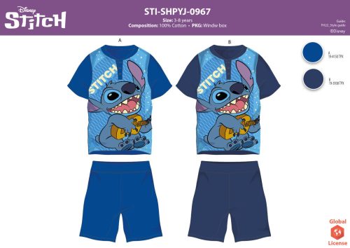 Stitch nyári rövid ujjú gyerek pizsama kisfiúknak - pamut pizsama - középkék - 104