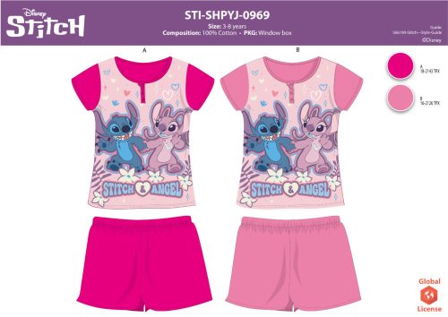 Stitch nyári rövid ujjú gyerek pizsama kislányoknak - pamut pizsama - rózsaszín - 104