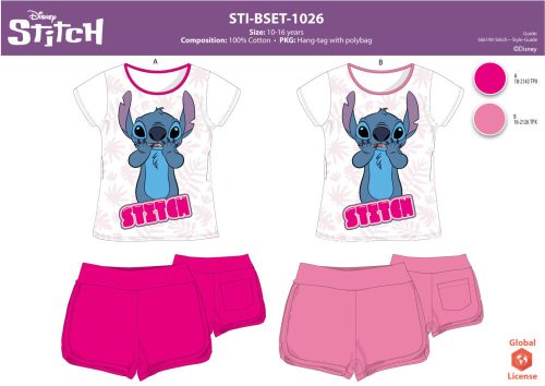 Stitch pamut nyári együttes lányoknak - póló-rövidnadrág szett - pink - 140