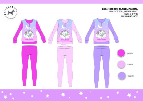 Téli vastag pamut gyerek pizsama - flanel pizsama - Unikornis - pink - 122