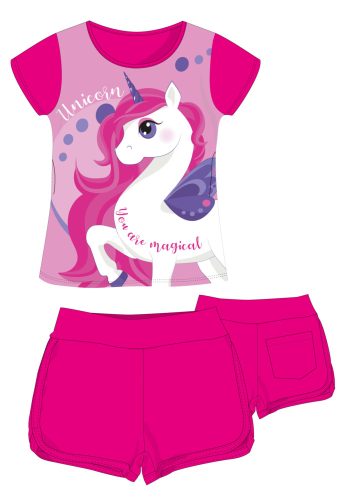 Unikornis pamut nyári együttes - póló-rövidnadrág szett - pink - 98