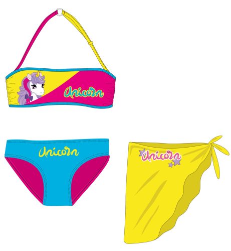 Unikornis fürdőruha szett - bikini+szoknya kislányoknak - pink-türkizkék-sárga - 104