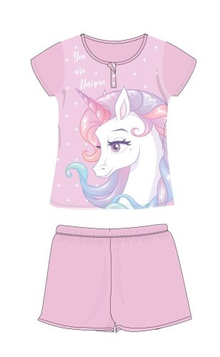 Unikornis nyári rövid ujjú gyerek pizsama - pamut jersey pizsama - világosrózsaszín - 116