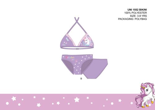 Unikornis kétrészes fürdőruha kislányoknak - bikini háromszög felsőrésszel - világoslila - 104